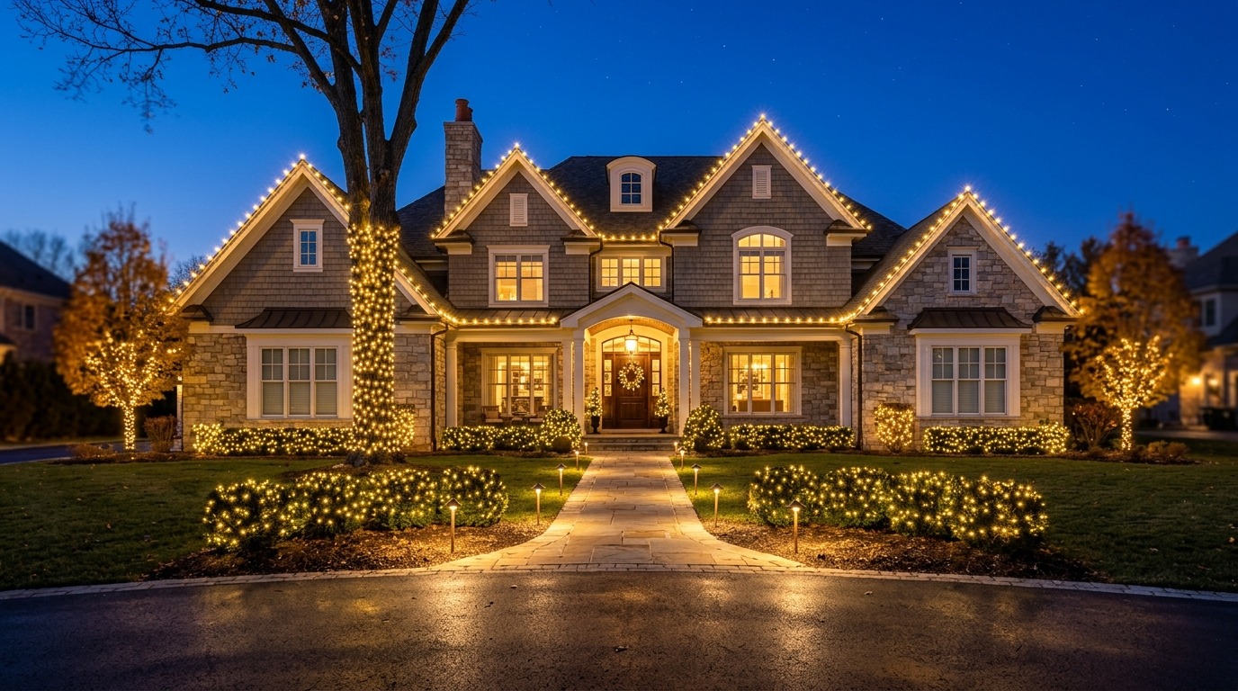Residential Christmas light installation on Alabama estate